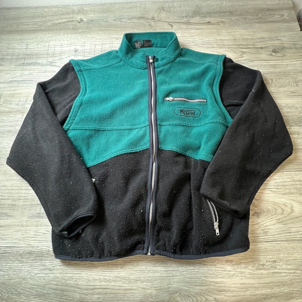 Mountain Dew Fleece Jacket Mens L/XL Teal Black Full Zip Colorblock Vintage 90s